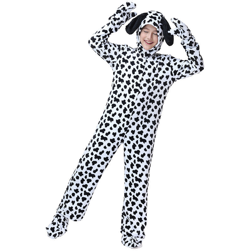 Kids Dalmatian dog costume jumpsuit with spotted hood, floppy ears, tail and paw mittens - view 5