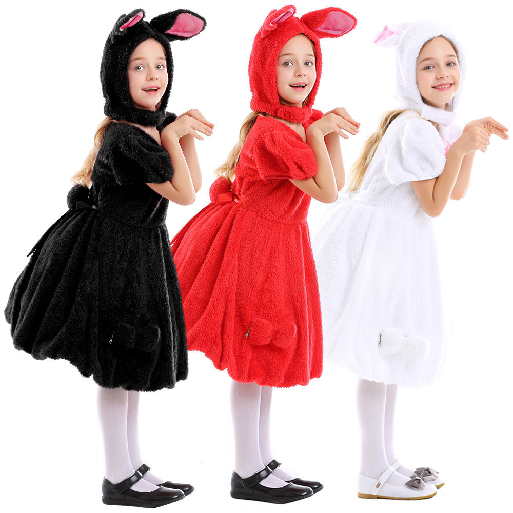 Girls plush bunny costume dress with eared hood, puff sleeves and pink bow