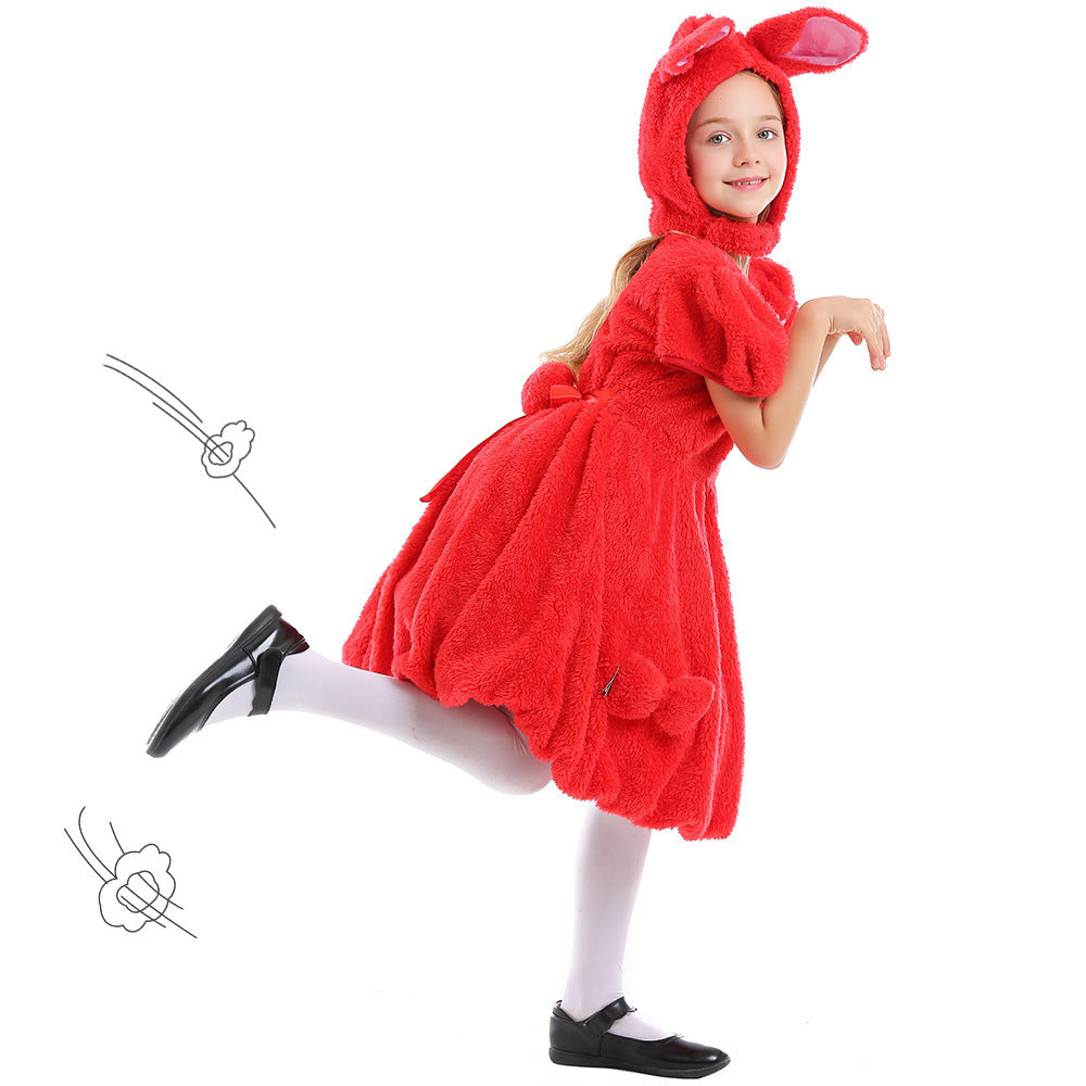 Girls plush bunny costume dress with eared hood, puff sleeves and pink bow - view 2