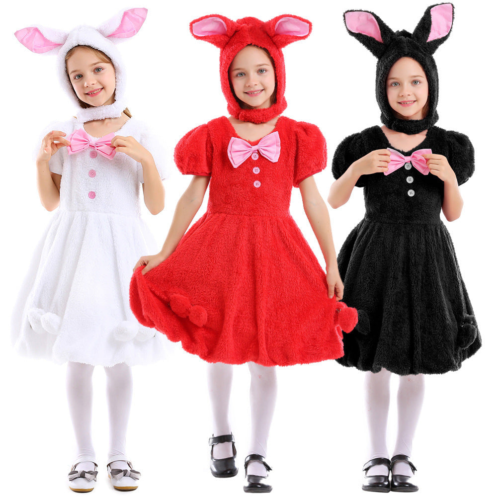 Girls plush bunny costume dress with eared hood, puff sleeves and pink bow - view 3
