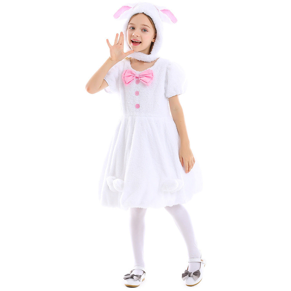 Girls plush bunny costume dress with eared hood, puff sleeves and pink bow - view 4