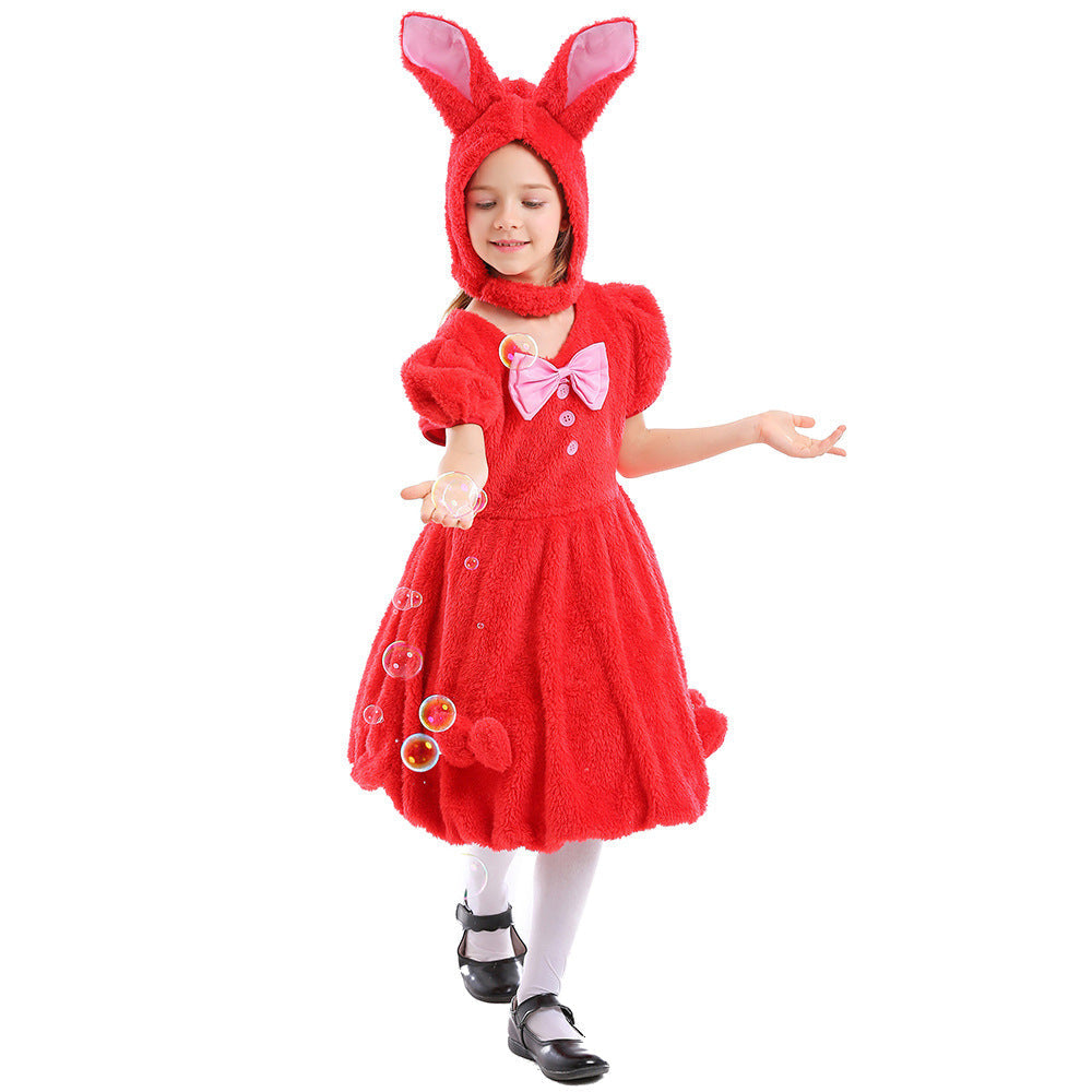 Girls plush bunny costume dress with eared hood, puff sleeves and pink bow - view 7