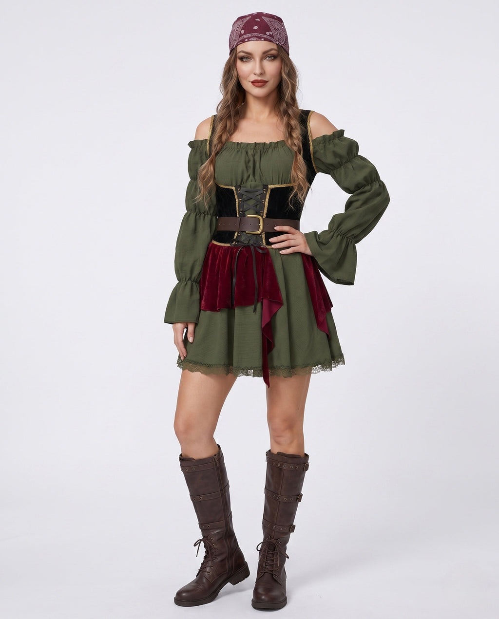 Women's olive green off-shoulder pirate costume dress with black lace-up velvet corset waist and burgundy velvet panels