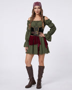 Women's olive green off-shoulder pirate costume dress with black lace-up velvet corset waist and burgundy velvet panels