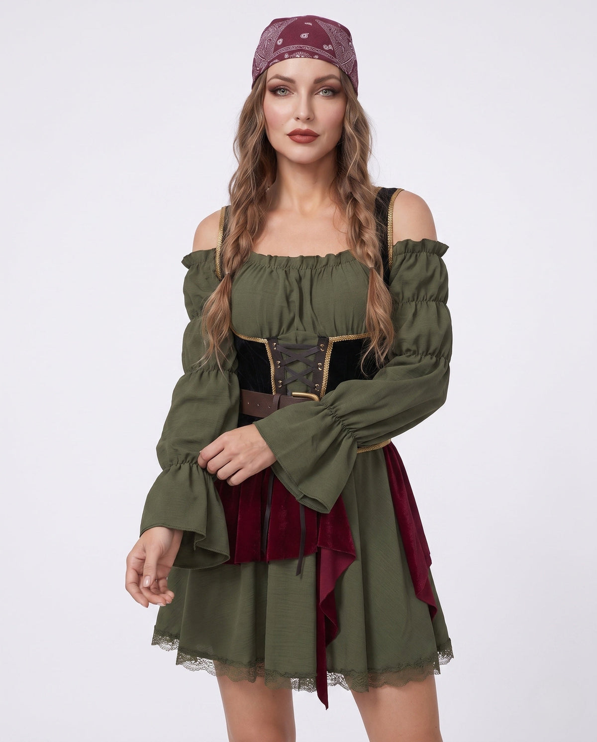 Women's olive green off-shoulder pirate costume dress with black lace-up velvet corset waist and burgundy velvet panels - view 2