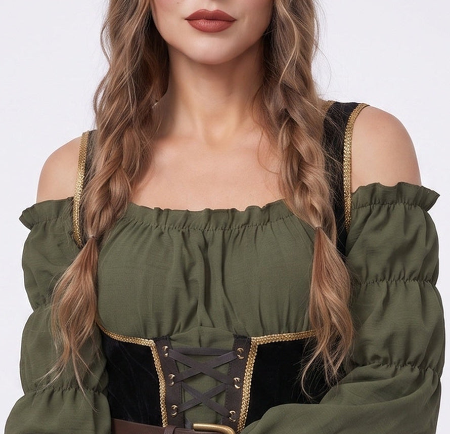 Women's olive green off-shoulder pirate costume dress with black lace-up velvet corset waist and burgundy velvet panels - view 3
