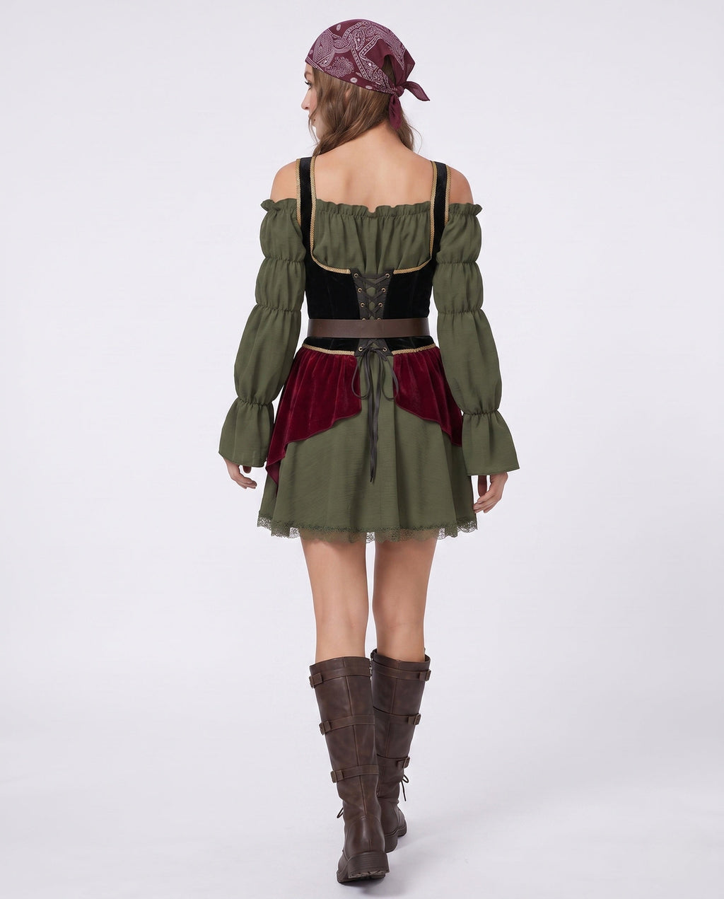 Women's olive green off-shoulder pirate costume dress with black lace-up velvet corset waist and burgundy velvet panels - view 4