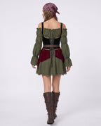 Women's olive green off-shoulder pirate costume dress with black lace-up velvet corset waist and burgundy velvet panels - view 4