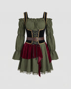 Women's olive green off-shoulder pirate costume dress with black lace-up velvet corset waist and burgundy velvet panels - view 5