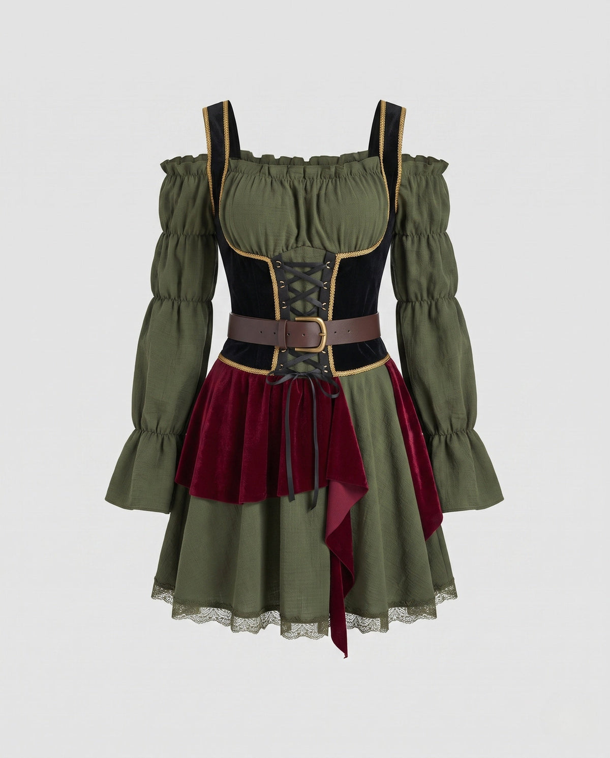 Women's olive green off-shoulder pirate costume dress with black lace-up velvet corset waist and burgundy velvet panels - view 5