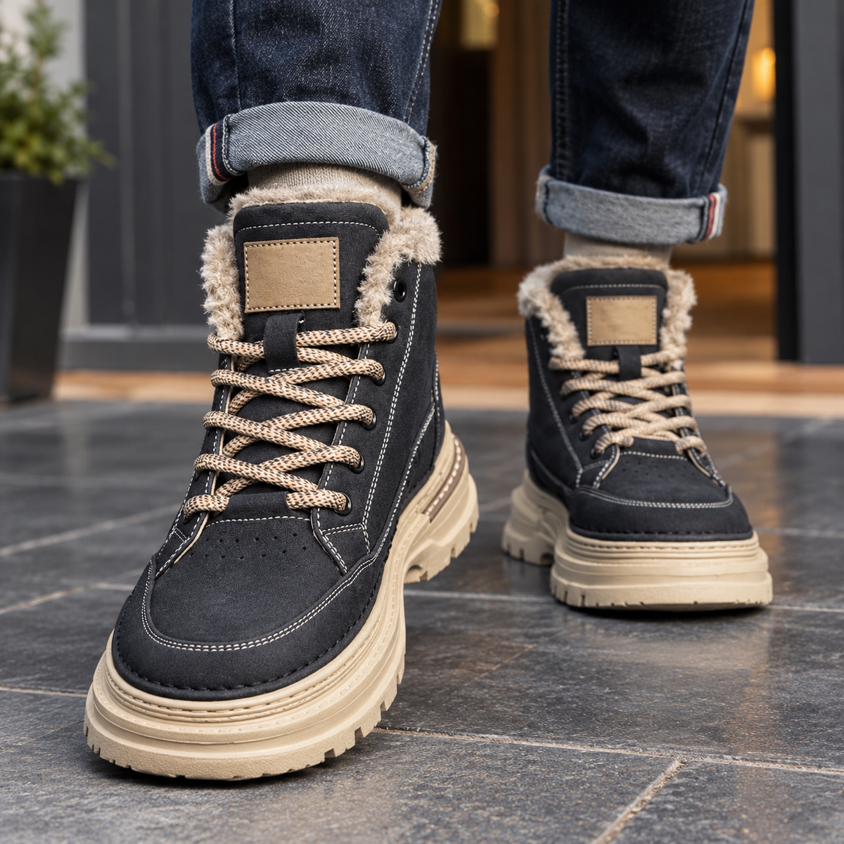 Men's fleece lined lace up winter boots with chunky cream lug sole