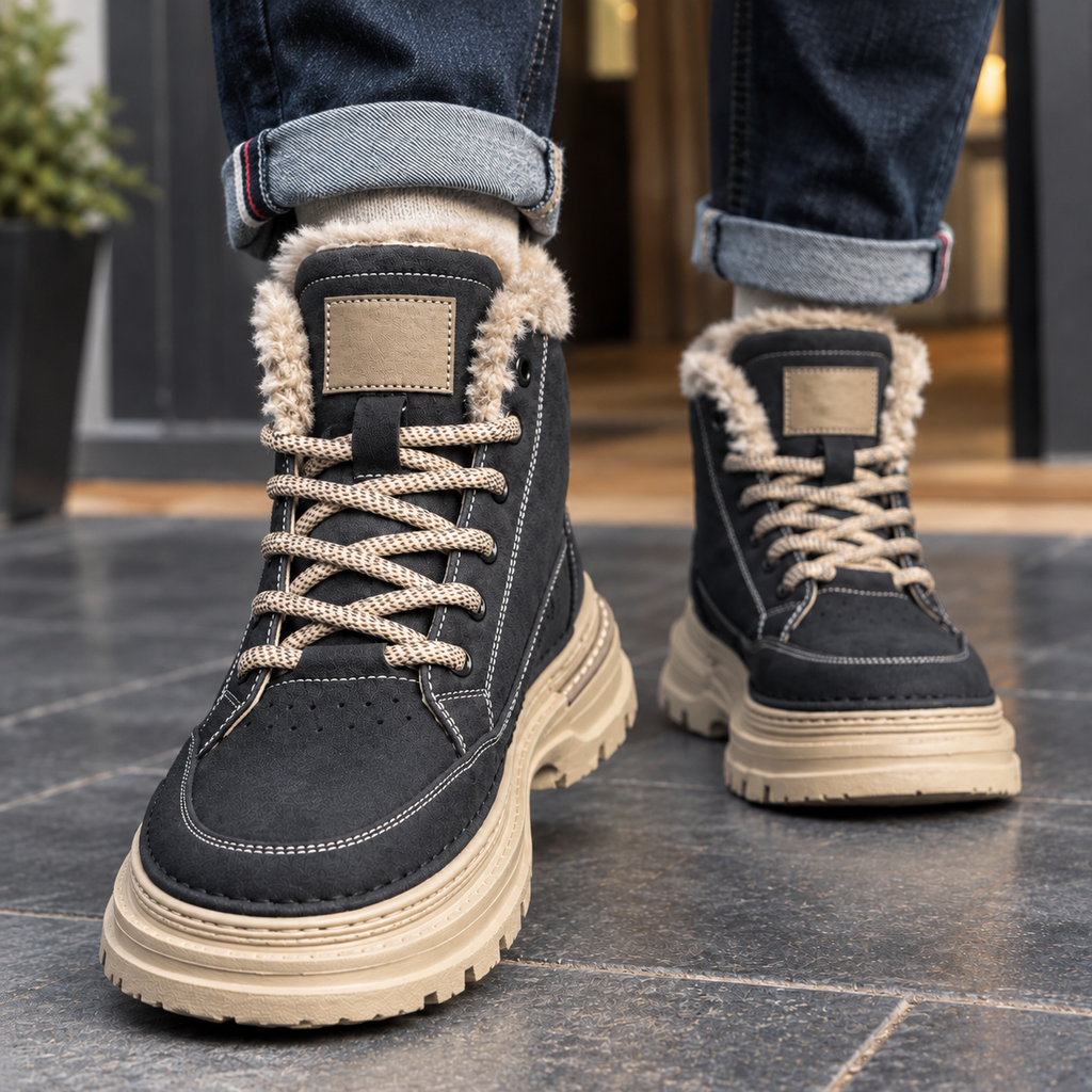 Men's fleece lined lace up winter boots with chunky cream lug sole - view 2