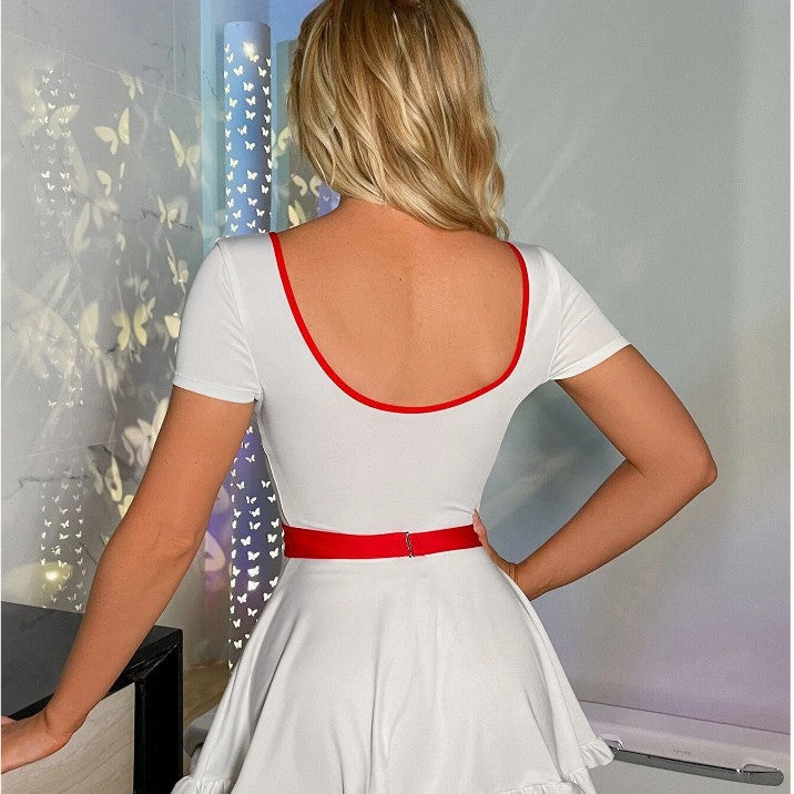 Women's white nurse Halloween costume mini dress with red trim, heart belt and ruffle hem - view 2