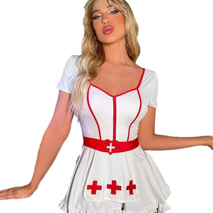 Women's white nurse Halloween costume mini dress with red trim, heart belt and ruffle hem - view 5