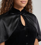 Women's black witch Halloween costume with velvet keyhole bodice, leather-look capelet and tulle skirt - view 2