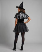 Women's black witch Halloween costume with velvet keyhole bodice, leather-look capelet and tulle skirt - view 3