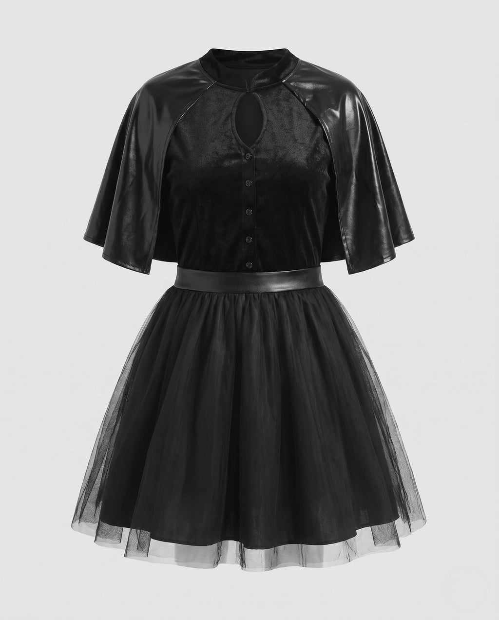 Women's black witch Halloween costume with velvet keyhole bodice, leather-look capelet and tulle skirt - view 4