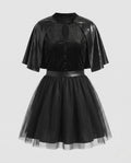 Women's black witch Halloween costume with velvet keyhole bodice, leather-look capelet and tulle skirt - view 4