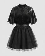 Women's black witch Halloween costume with velvet keyhole bodice, leather-look capelet and tulle skirt - view 4