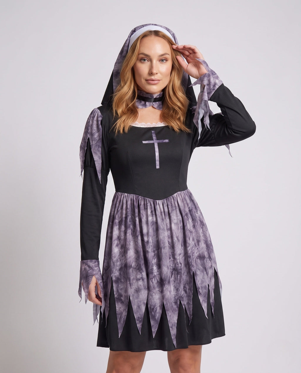 Women's scary nun Halloween costume with black long sleeve dress and jagged purple-gray print skirt - view 2