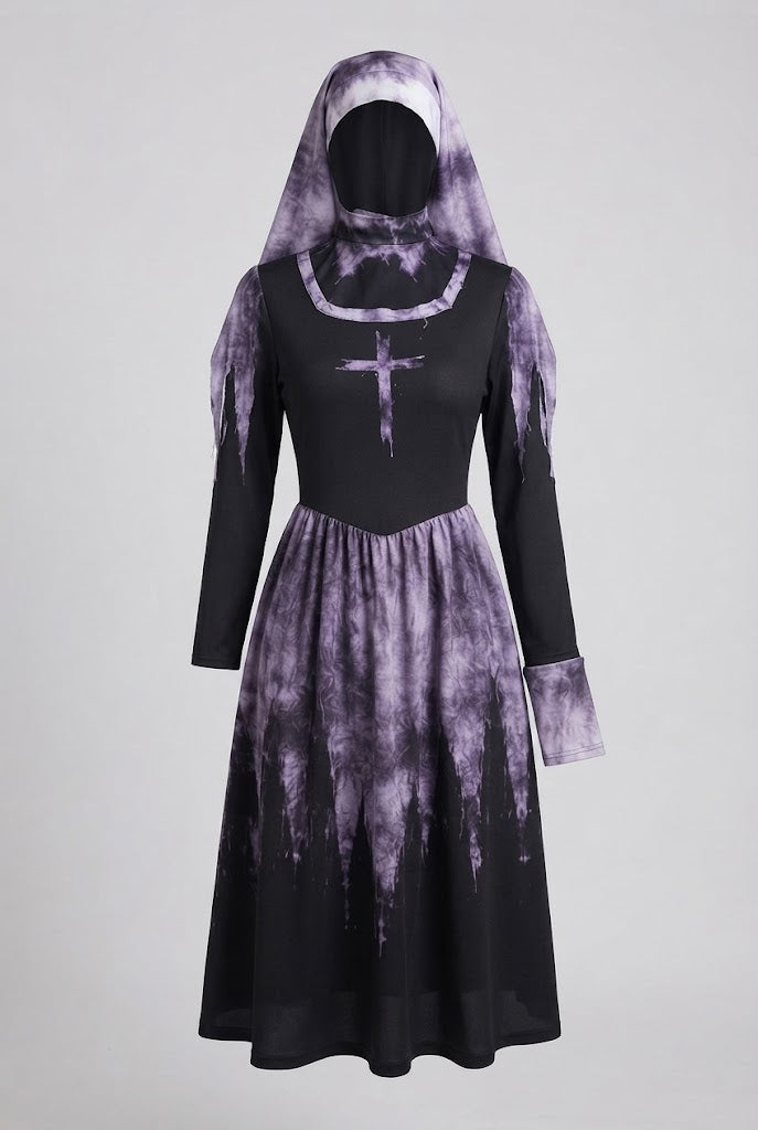 Women's scary nun Halloween costume with black long sleeve dress and jagged purple-gray print skirt - view 5