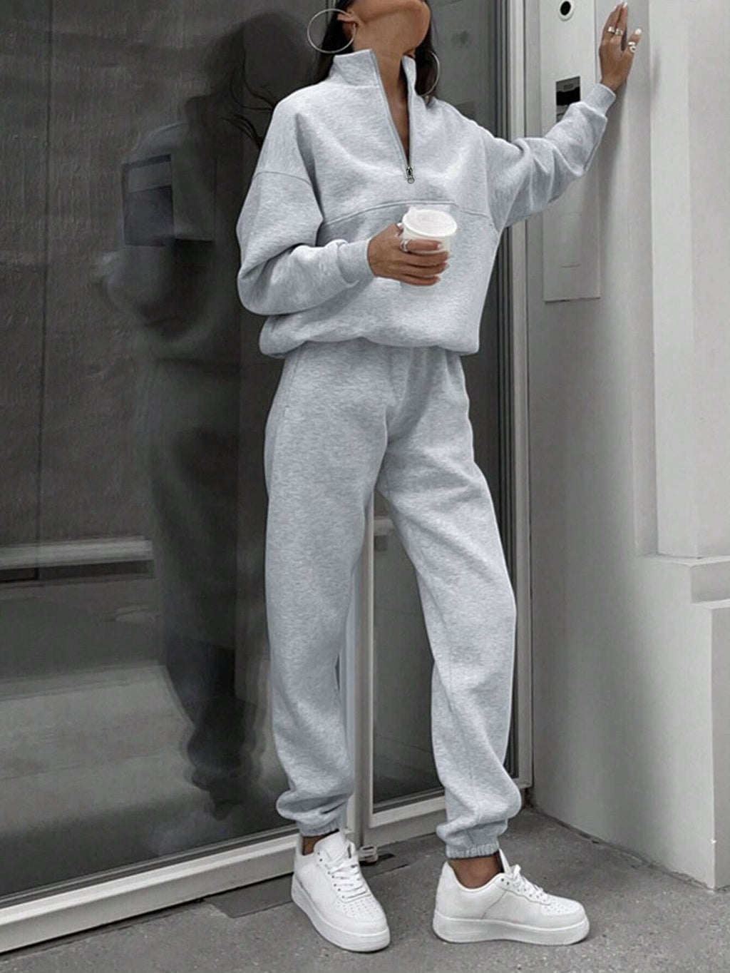 Gray half zip sweatshirt and jogger pants set for women
