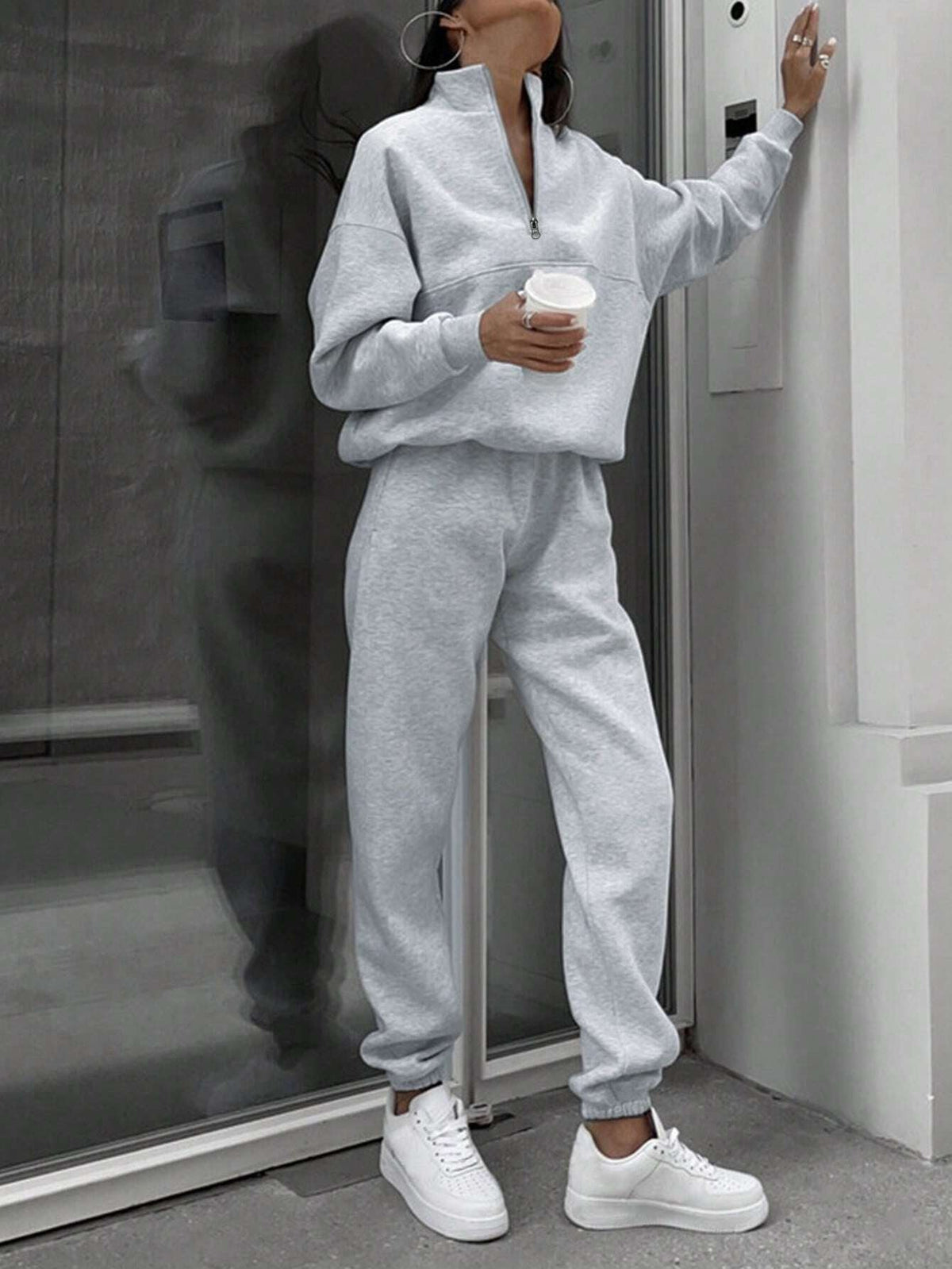 Gray half zip sweatshirt and jogger pants set for women