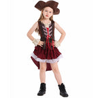 Girls pirate Halloween costume with lace-up vest bodice, ruffled cuffs and burgundy high-low skirt