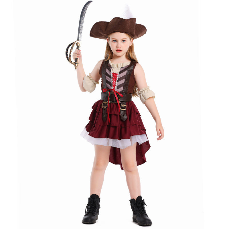 Girls pirate Halloween costume with lace-up vest bodice, ruffled cuffs and burgundy high-low skirt - view 2