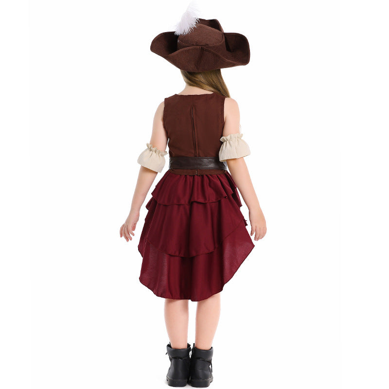 Girls pirate Halloween costume with lace-up vest bodice, ruffled cuffs and burgundy high-low skirt - view 3