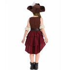 Girls pirate Halloween costume with lace-up vest bodice, ruffled cuffs and burgundy high-low skirt - view 3