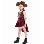 Girls pirate Halloween costume with lace-up vest bodice, ruffled cuffs and burgundy high-low skirt - view 4
