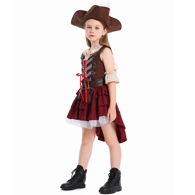 Girls pirate Halloween costume with lace-up vest bodice, ruffled cuffs and burgundy high-low skirt - view 4