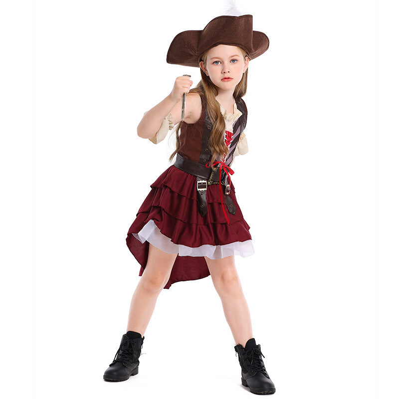Girls pirate Halloween costume with lace-up vest bodice, ruffled cuffs and burgundy high-low skirt - view 5