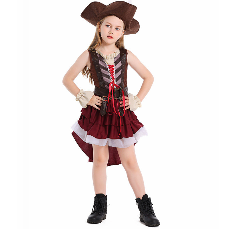 Girls pirate Halloween costume with lace-up vest bodice, ruffled cuffs and burgundy high-low skirt - view 6