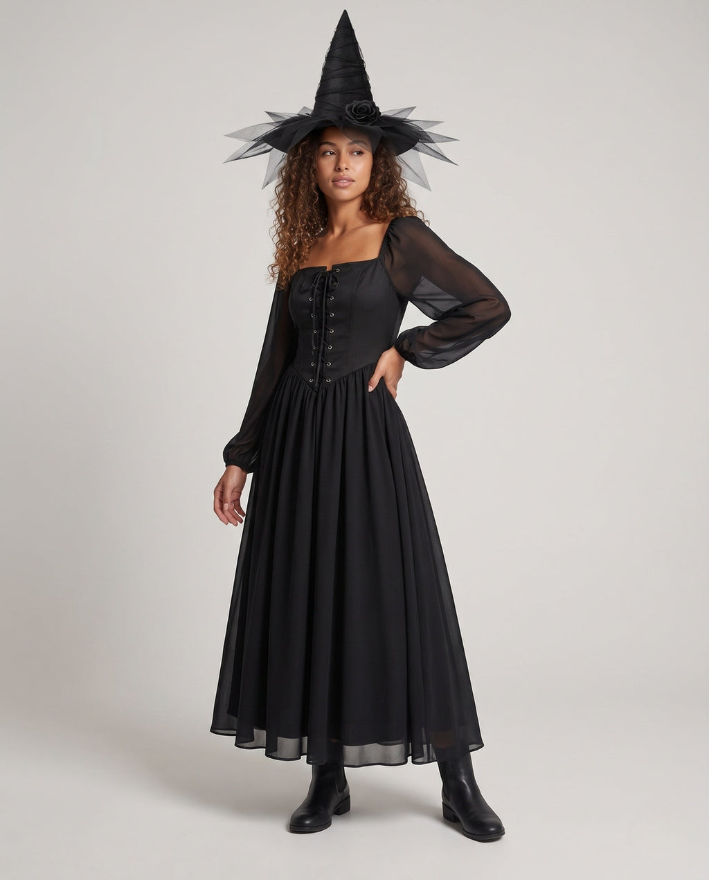 Black witch costume corset dress with lace-up bodice, sheer balloon sleeves and full maxi skirt