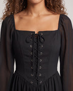 Black witch costume corset dress with lace-up bodice, sheer balloon sleeves and full maxi skirt - view 2