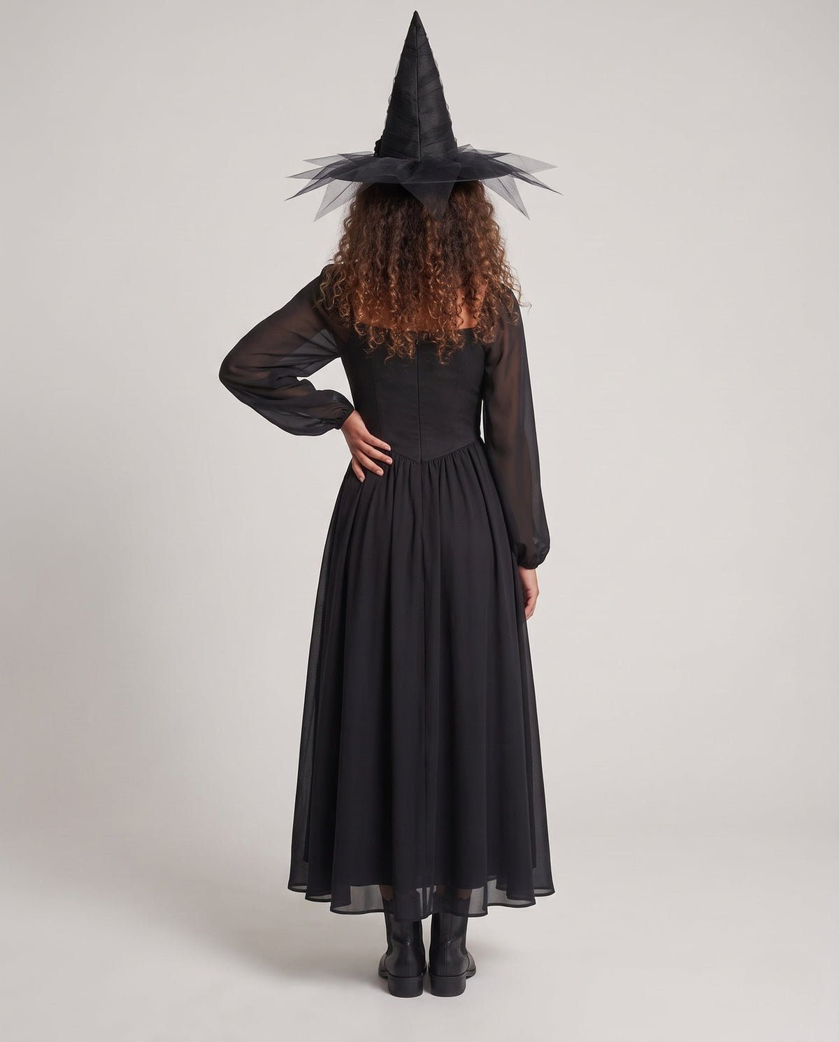 Black witch costume corset dress with lace-up bodice, sheer balloon sleeves and full maxi skirt - view 3