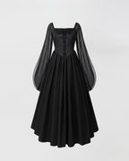 Black witch costume corset dress with lace-up bodice, sheer balloon sleeves and full maxi skirt - view 4