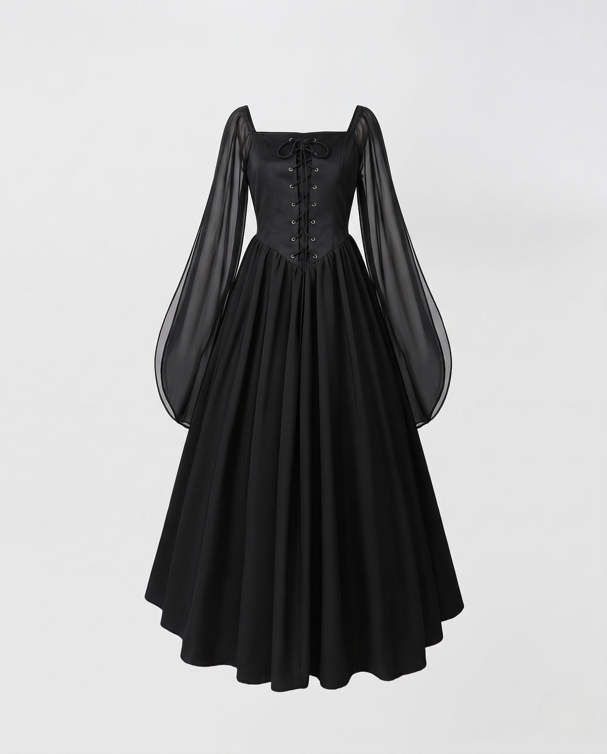 Black witch costume corset dress with lace-up bodice, sheer balloon sleeves and full maxi skirt - view 4
