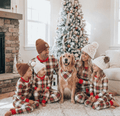 Red and white plaid matching family Christmas pajamas with red crew neck and cuffs