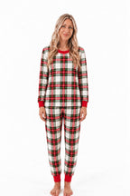 Red and white plaid matching family Christmas pajamas with red crew neck and cuffs - view 12