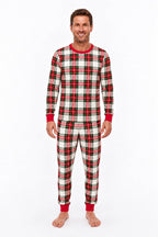 Red and white plaid matching family Christmas pajamas with red crew neck and cuffs - view 13