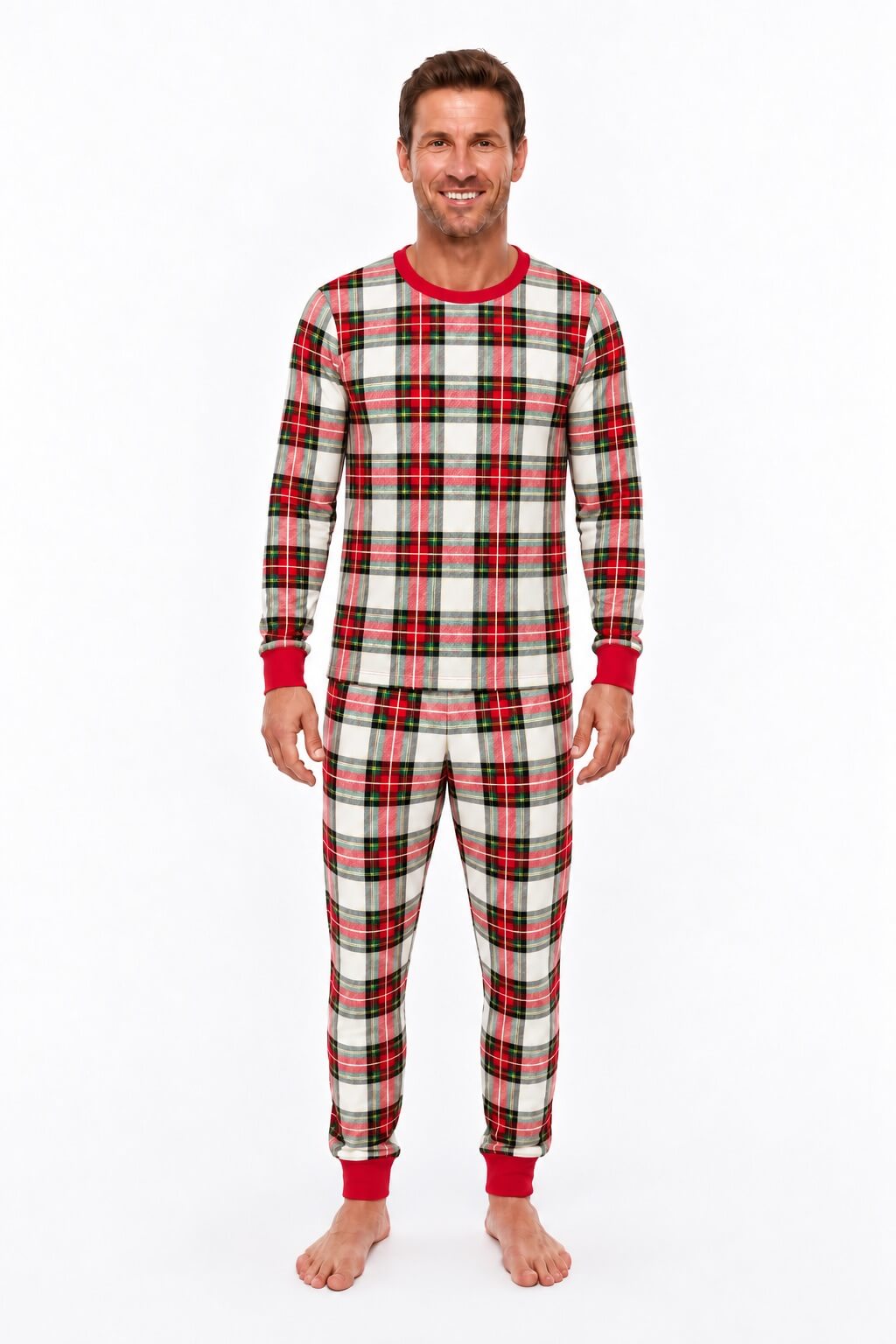 Red and white plaid matching family Christmas pajamas with red crew neck and cuffs - view 13