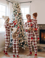 Red and white plaid matching family Christmas pajamas with red crew neck and cuffs - view 2