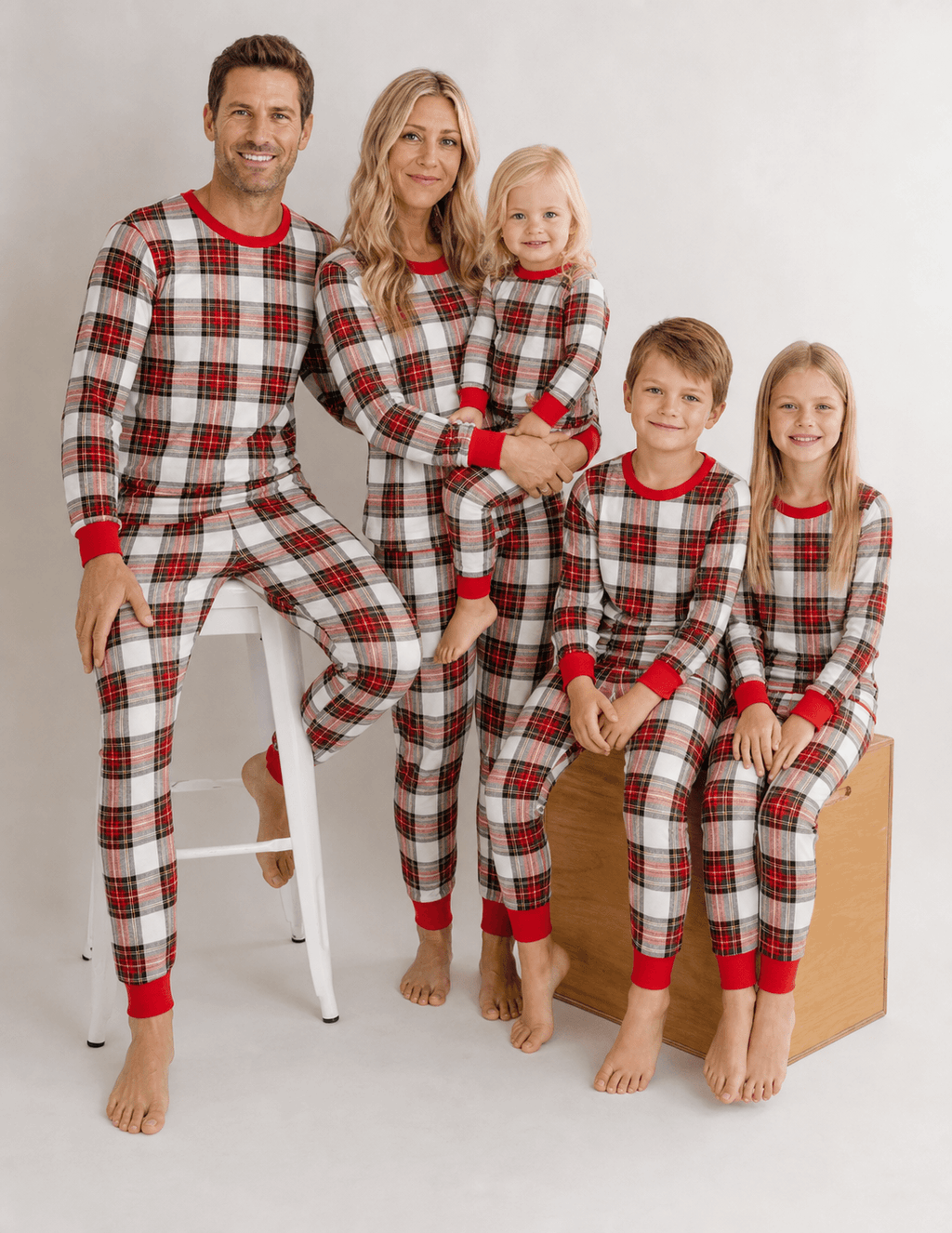 Red and white plaid matching family Christmas pajamas with red crew neck and cuffs - view 4