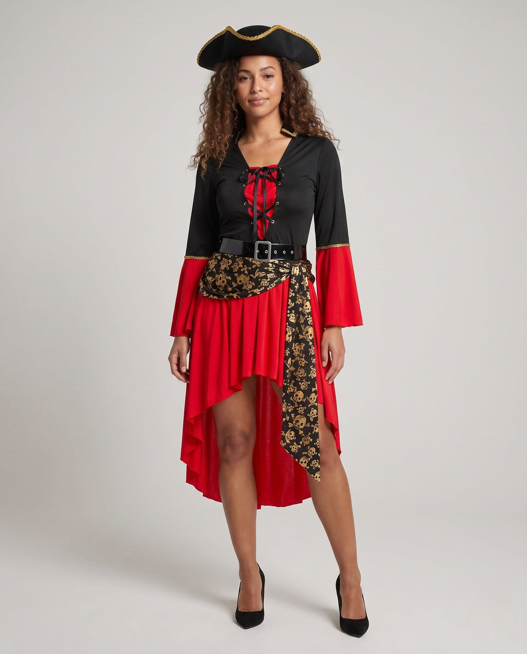 Women's pirate Halloween costume with black lace-up bodice, red bell sleeves, high-low red skirt, black belt and gold skull-print sash