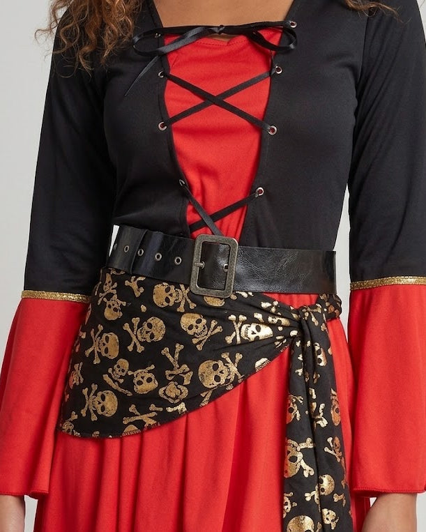 Women's pirate Halloween costume with black lace-up bodice, red bell sleeves, high-low red skirt, black belt and gold skull-print sash - view 2