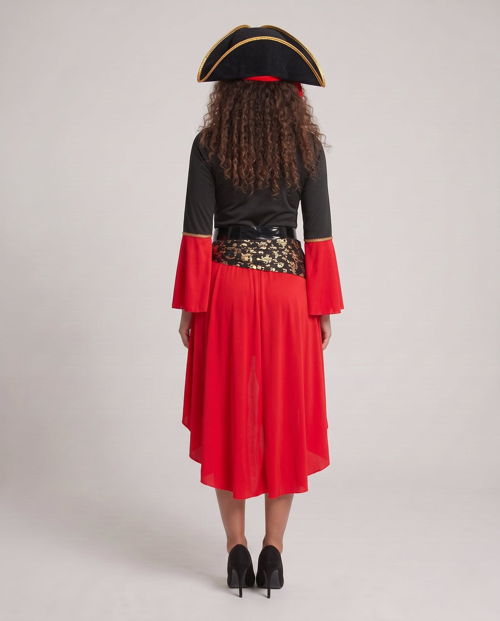 Women's pirate Halloween costume with black lace-up bodice, red bell sleeves, high-low red skirt, black belt and gold skull-print sash - view 3