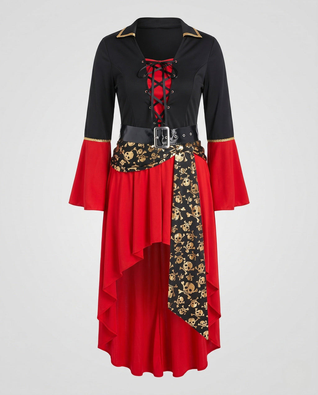 Women's pirate Halloween costume with black lace-up bodice, red bell sleeves, high-low red skirt, black belt and gold skull-print sash - view 4